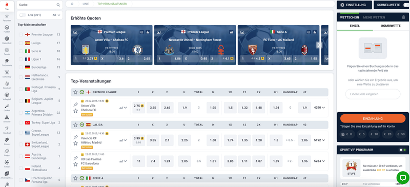 Ereignisse und Quoten für Wetten ohne OASIS